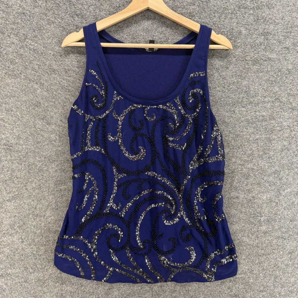 Express Tank Women M Medium Blue Geometric Rhinestone Sequin Sleeveless Lined